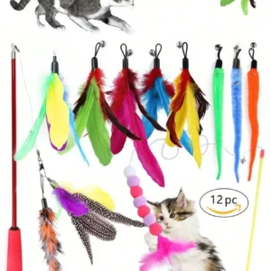 12pcs Cat Toys Variety Pack - Retractable Wand With Feather, Bell And Fish Attachments, Assorted Colors, Suitable For All Cats