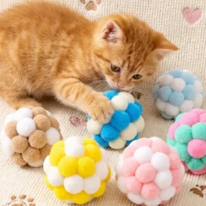 Fluffy pom-pom cat balls with bells, sold in 2 or 4 pieces. Soft plush material is safe for kittens to chase, chew and scratch. Fun interactive toys for indoor play and training, effectively keep cats active and drive away boredom at home