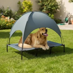 Raised Dog Bed Waterproof Elevated Pet Cot with Breathable Mesh UV Protection Canopy Grey, for XL Dogs, 122 x 92 x 108cm