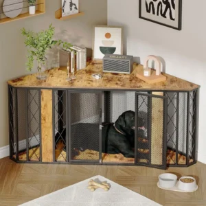 Large Wooden Dog Kennel Furniture, XL Dog Crate with 2 Doors, Decorative Dog Crate TV Stand End Table for Small to Large Dogs